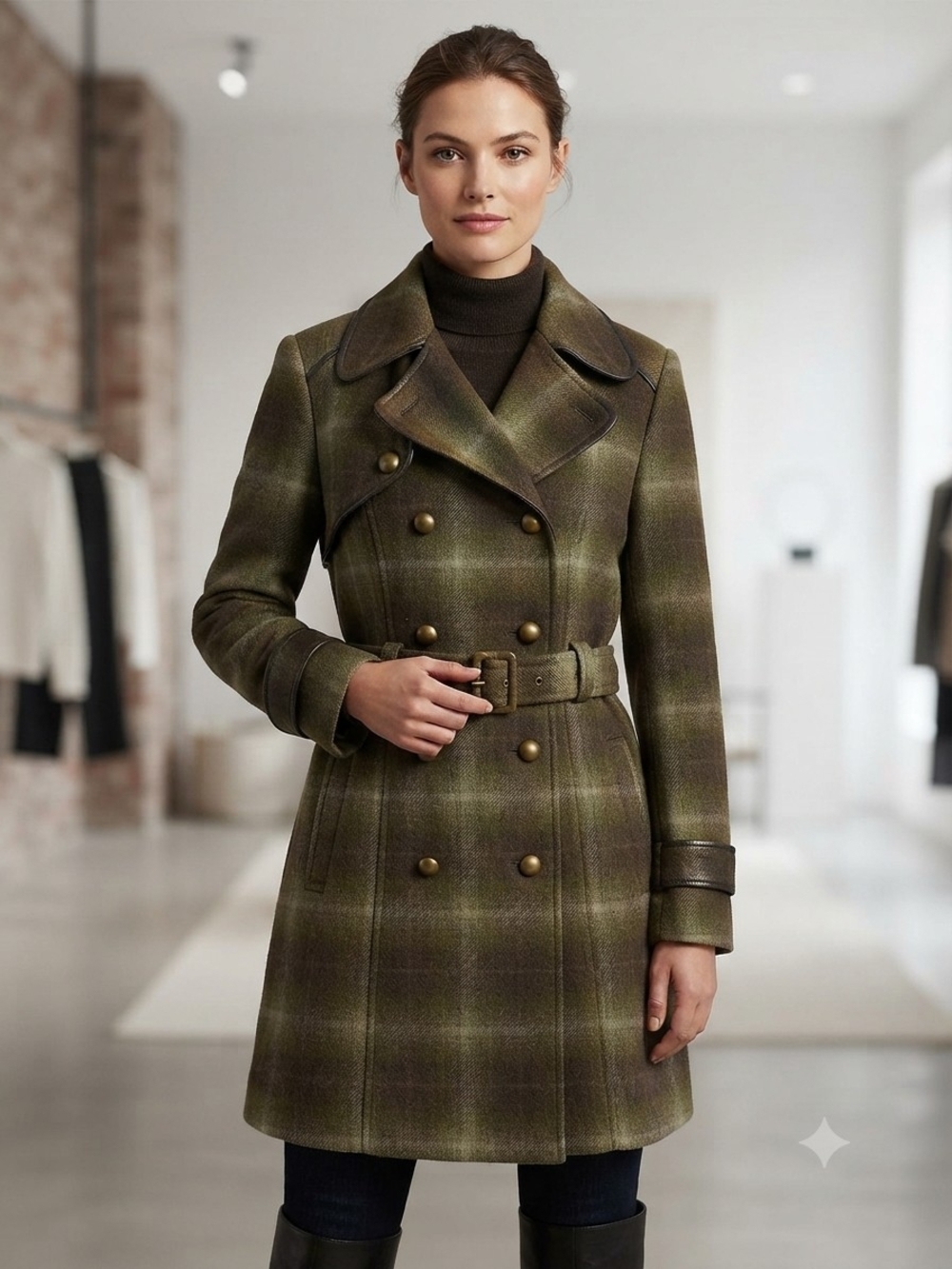 Stetson Olive Plaid Double-Breasted Belted Trench Coat